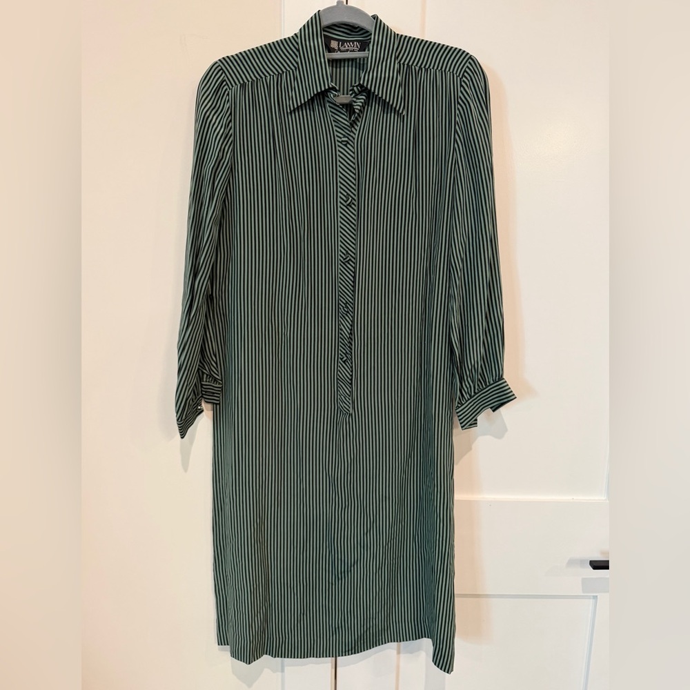 LANVIN Vintage Silk Dark Green Striped Long Sleeve Button Front Dress Size 10 - Picture 11 of 15